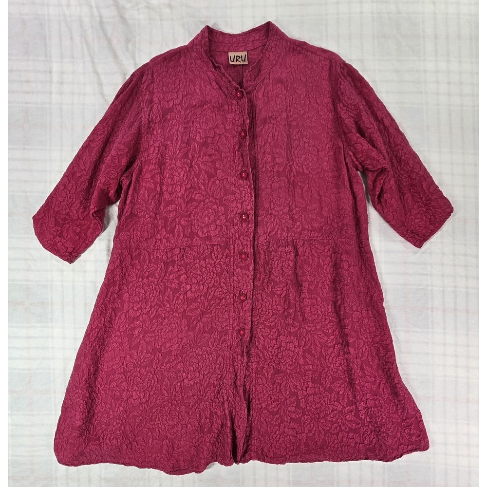 URU Womens Floral Embossed 100% Silk Tunic Shirt Dress Magenta Purple OS